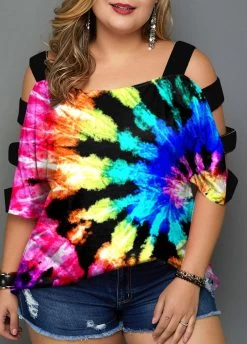 Plus Size Multicolor Tie Dye Print T Shirt 12 Plus Size Multicolor Tie Dye Print T Shirt -Modlily 271959 P 1618998045153
