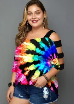 Plus Size Multicolor Tie Dye Print T Shirt 14 Plus Size Multicolor Tie Dye Print T Shirt -Modlily 271959 P 1618998045346