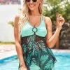 Leaf Print Asymmetric Hem Cross Strap Tankini Set