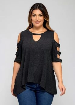 Plus Size Ladder Cutout Solid T Shirt