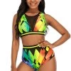 High Waist Mesh Stitching Printed Bikini Set