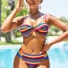 Mid Waist Spaghetti Strap Rainbow Stripe Bikini Set