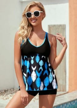 Wide Strap Geometric Print Contrast Stitch Tankini Set -Modlily 274378 P 16250175514812