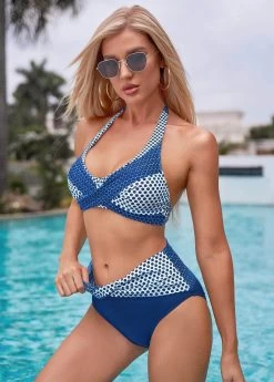 Polka Dot Halter Mid Waist Bikini Set -Modlily 274584 P 16245960158225