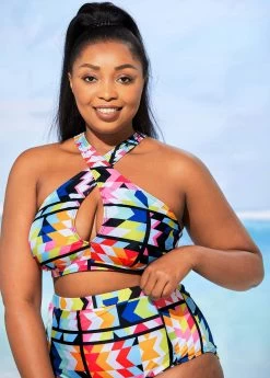 Plus Size High Waisted Geometric Print Bikini Set -Modlily 274820 P 16249507017053