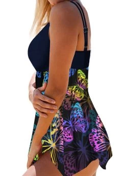 Asymmetric Hem Butterfly Print Double Straps Swimdress And Shorts -Modlily 276555 P 1623221162864