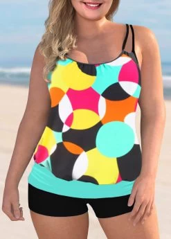 Plus Size Geometric Print Double Straps Tankini Set