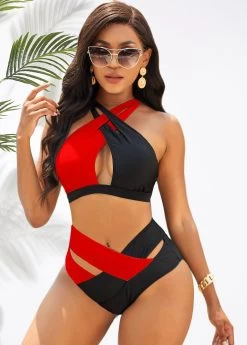 Contrast Cross Strap High Waist Bikini Set -Modlily 277477 P 16754139965043