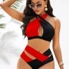 Contrast Cross Strap High Waist Bikini Set