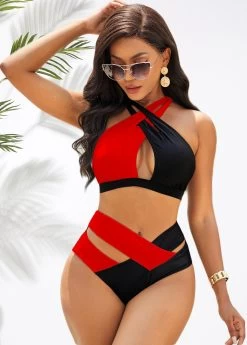 Contrast Cross Strap High Waist Bikini Set