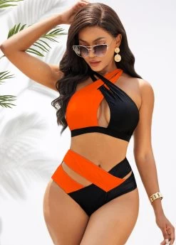 Orange High Waisted Cross Strap Bikini Set