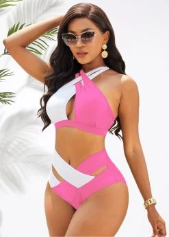 Cross Halter Contrast High Waist Bikini Set -Modlily 279299 P 16260707690652