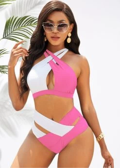 Cross Halter Contrast High Waist Bikini Set -Modlily 279299 P 16260707694403
