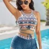 High Waist Tribal Print Tie Front Bikini Set