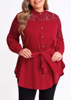 Plus Size Asymmetric Hem Wine Red Blouse -Modlily 285252 P 16409135716343
