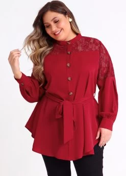Plus Size Asymmetric Hem Wine Red Blouse -Modlily 285252 P 16409135718354