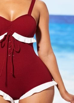 Lace Up Wine Red Flounce One Piece Swimwear -Modlily 286579 P 16372204290744