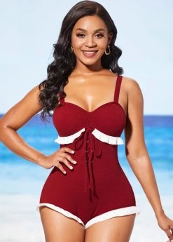 Lace Up Wine Red Flounce One Piece Swimwear -Modlily 286579 P 16372204295353