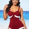 Lace Up Wine Red Flounce One Piece Swimwear