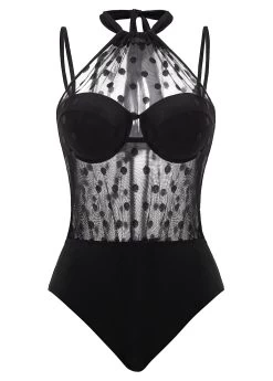 Polka Dot Black Mesh Stitching One Piece Swimwear