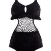 Lace Patchwork Black Flounce Pierced One Piece Swimwear