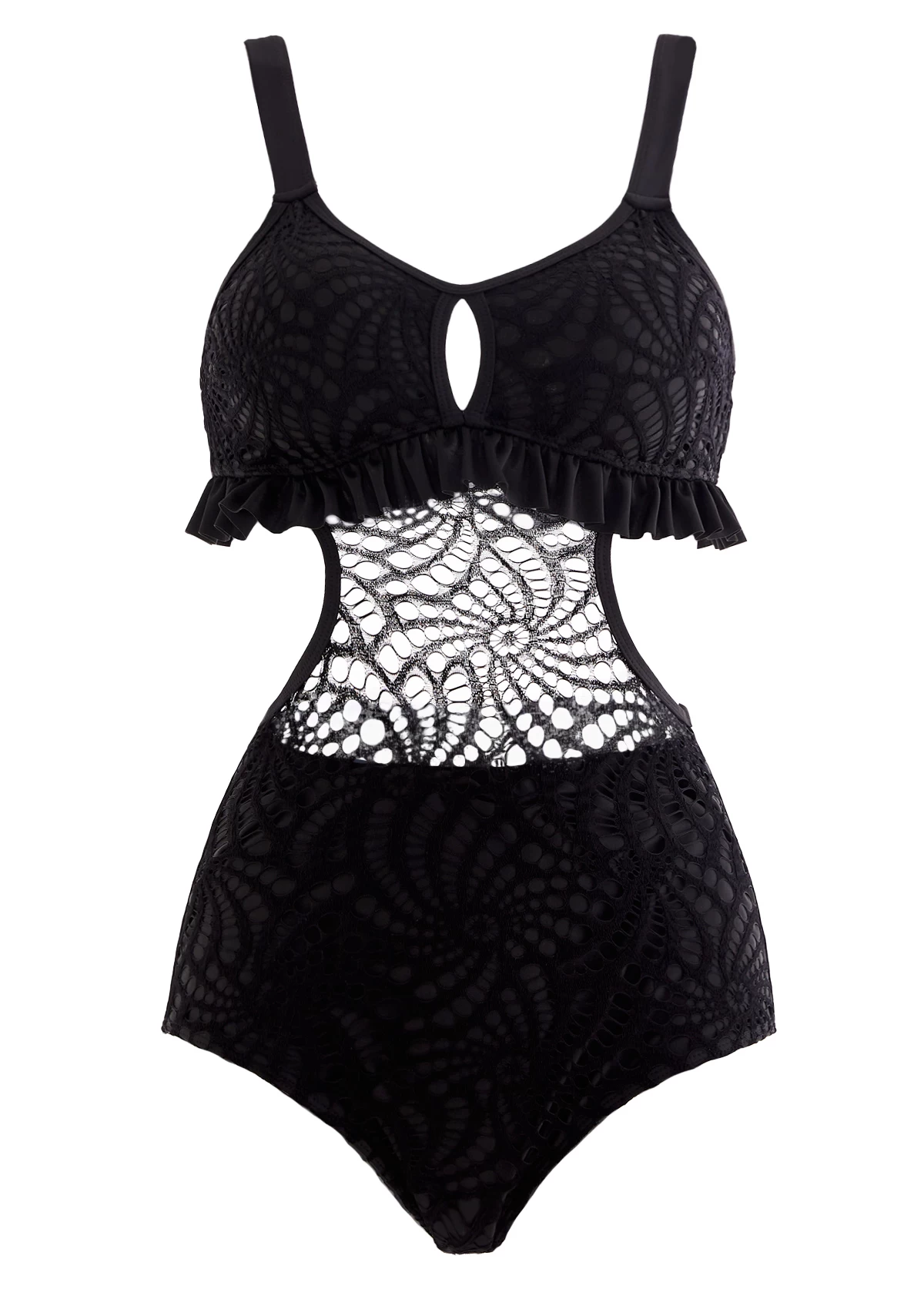 Lace Patchwork Black Flounce Pierced One Piece Swimwear 1 Lace Patchwork Black Flounce Pierced One Piece Swimwear
