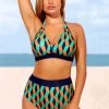 High Waisted Geometric Print Color Block Bikini Set