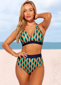 High Waisted Geometric Print Color Block Bikini Set -Modlily 286689 P 16393853428423