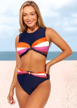 Twist High Waisted Navy Blue Contrast Bikini Set -Modlily 286961 P 16409407477412
