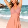 Mesh Stitching Wide Strap Pink Swimdress And Shorts