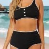 High Waisted Decorative Button Black Bikini Set