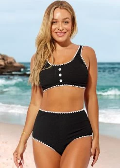 High Waisted Decorative Button Black Bikini Set -Modlily 287354 P 16424979813714