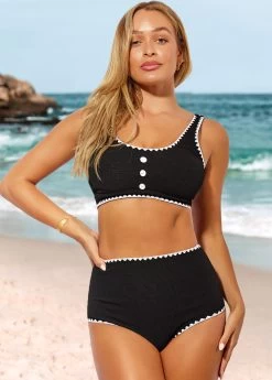 High Waisted Decorative Button Black Bikini Set -Modlily 287354 P 16424979818273