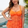 Lace Patchwork Orange Crossover Hem Tankini Set