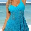 Lace Stitching Cross Strap Sky Blue Swimdress And Panty