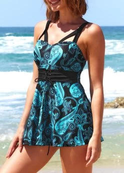 Paisley Print Tie Front Cyan Swimdress Set -Modlily 287663 P 16450095847042
