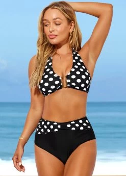 Black Polka Dot High Waisted Halter Bikini Set -Modlily 287677 P 16388825845863