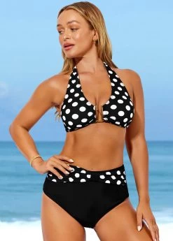 Black Polka Dot High Waisted Halter Bikini Set