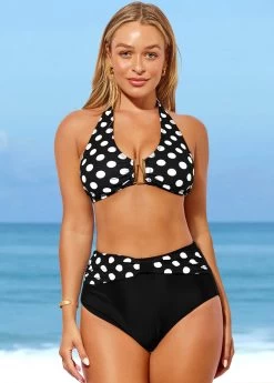 Black Polka Dot High Waisted Halter Bikini Set -Modlily 287677 P 16388825848764