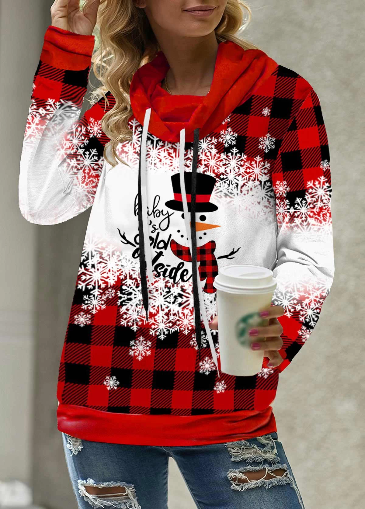 Red Drawstring Plus Size Christmas Print Sweatshirt 6 Red Drawstring Plus Size Christmas Print Sweatshirt - Image 6