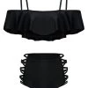 Mid Waist Black Flounce Lace Up Bikini Set