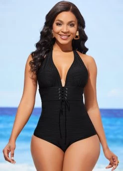 Lace Up Black Textured Halter One Piece Swimwear 7 Lace Up Black Textured Halter One Piece Swimwear -Modlily 288697 P 16371438250933