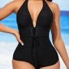 Lace Up Black Textured Halter One Piece Swimwear