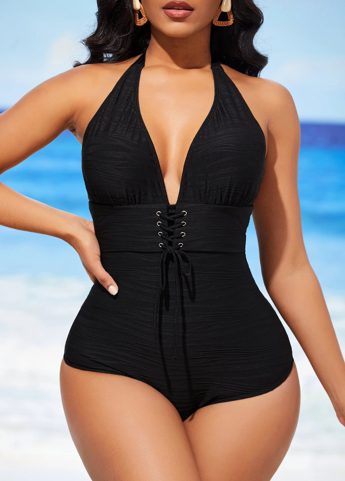 Lace Up Black Textured Halter One Piece Swimwear 1 Lace Up Black Textured Halter One Piece Swimwear