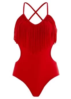 Red Tassel Spaghetti Strap One Piece Swimwear