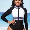 Quarter Zip Long Sleeve Chevron Print One Piece Swimwear