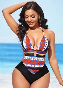 Tribal Print Tie Back Metal Pendant One Piece Swimwear