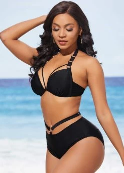 High Waisted Black Halter Metal Ring Detail Bikini Set 7 High Waisted Black Halter Metal Ring Detail Bikini Set -Modlily 288757 P 16373077310322