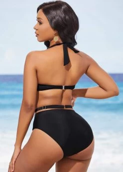 High Waisted Black Halter Metal Ring Detail Bikini Set 6 High Waisted Black Halter Metal Ring Detail Bikini Set -Modlily 288757 P 16373077311491