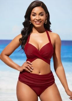 Modlily 14 Wine Red Halter Mid Waist Bikini Set